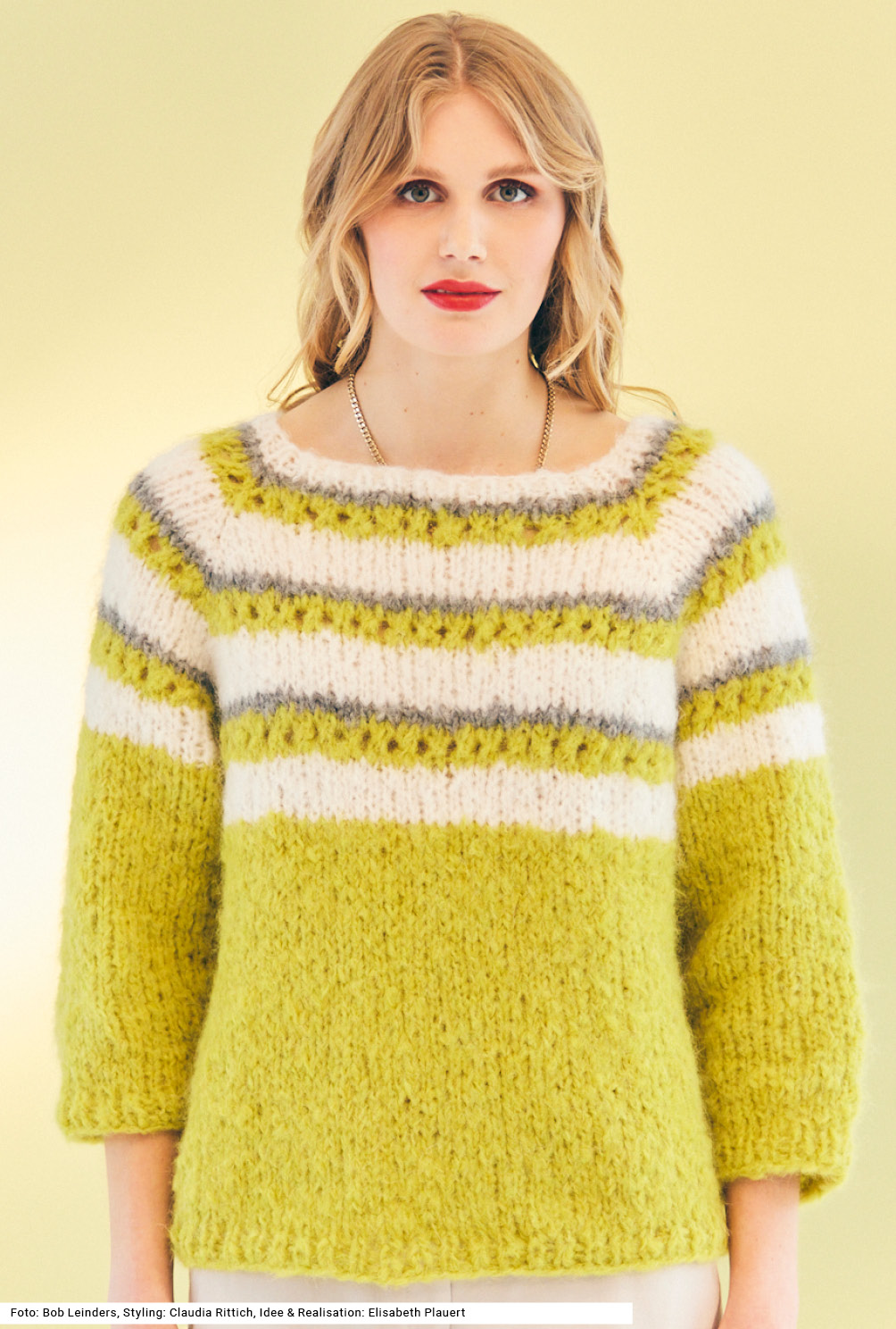 Pullover (RVO) mit Streifenpasse in Gelb, Weiß und Silber